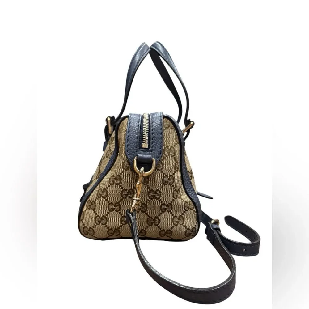 GUCCI Beige Brown GG Canvas Blue Leather Trim Small Belted 2way Boston Bag